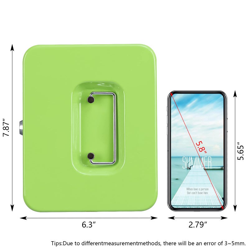 KYODOLED Medium Cash Box with Money Tray Small Safe Lock Box with Key Cash Drawer 7.87 ""x 6.30 ""x 3.54 "" Limegreen Medium - Image 3